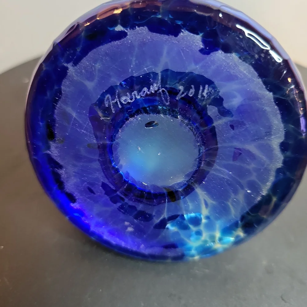 Blue Iridescent Art Glass Signed Ring Holder Hand Blown 3